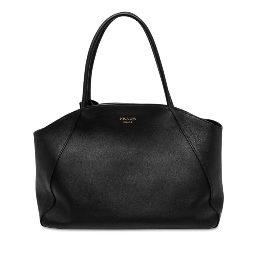 Prada Large Soft Grain Leather Tote Black Leather Very good - Front View