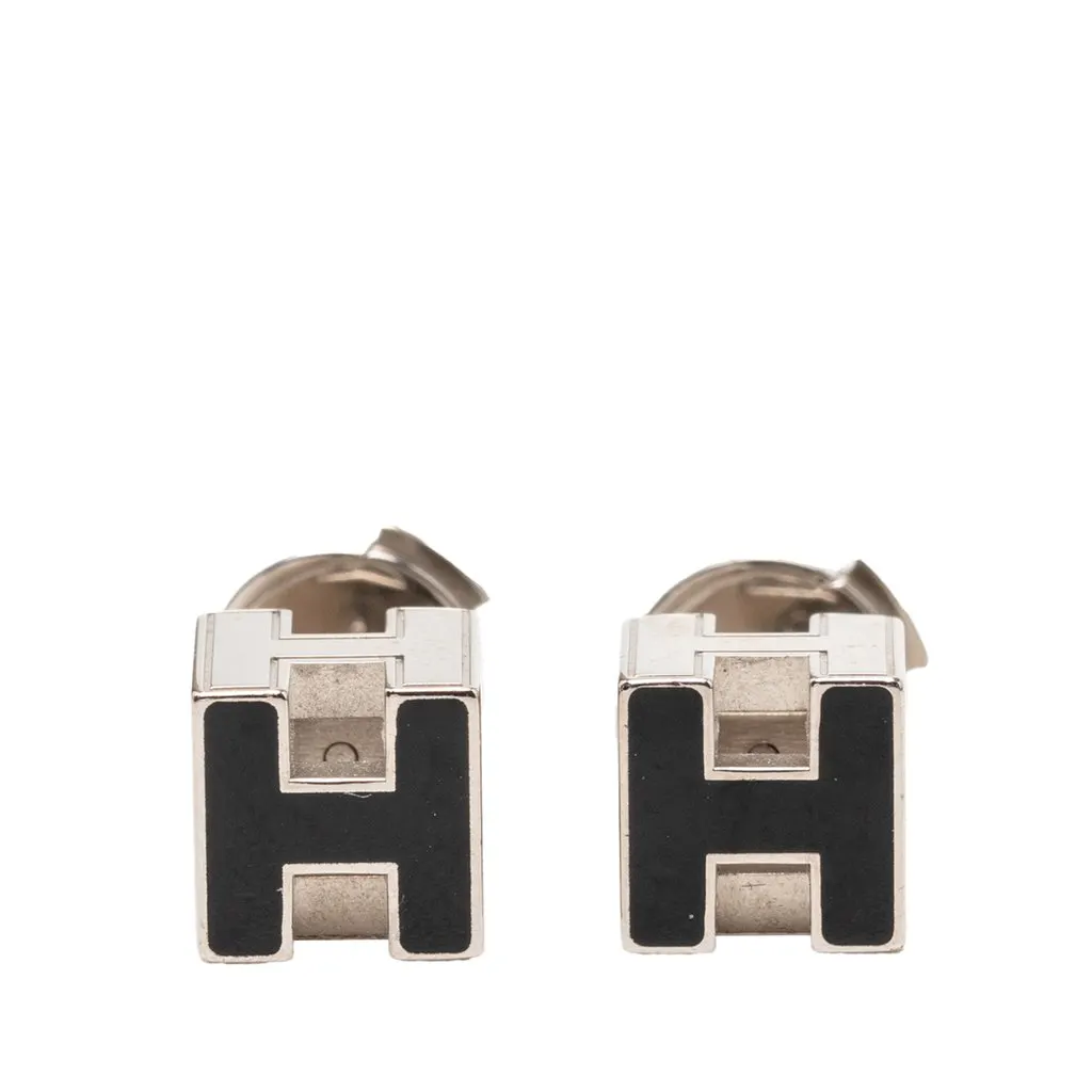 Hermès Palladium Plated Enamel Cage D H Push Back Earrings Silver Metal Very good - Front View