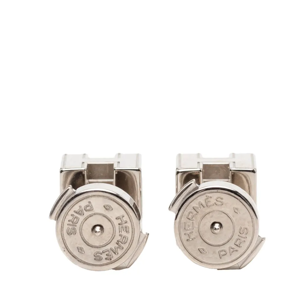 Hermès Palladium Plated Enamel Cage D H Push Back Earrings Silver Metal Very good - Back View