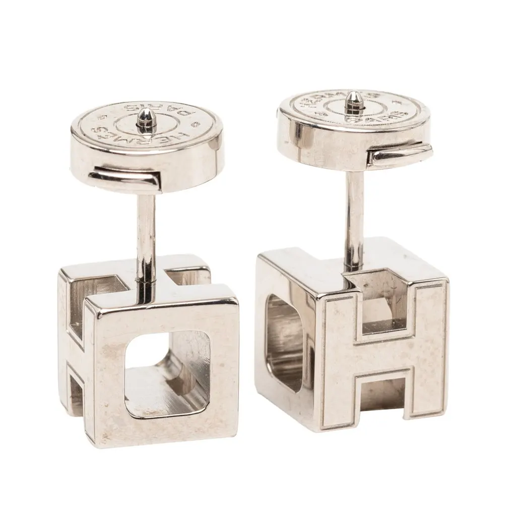 Hermès Palladium Plated Enamel Cage D H Push Back Earrings Silver Metal Very good - Inside View