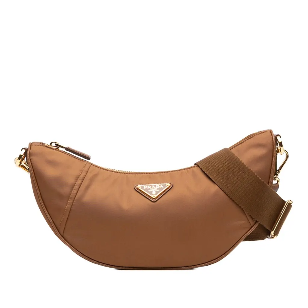 Prada Saffiano Trimmed Re Nylon Demi Lune Satchel Brown Very good - Front View
