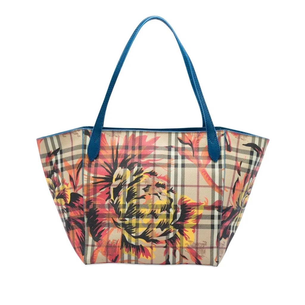 Burberry Small Haymarket Check Coated Canvas Floral Print Canterbury Tote Beige Very good - Front View