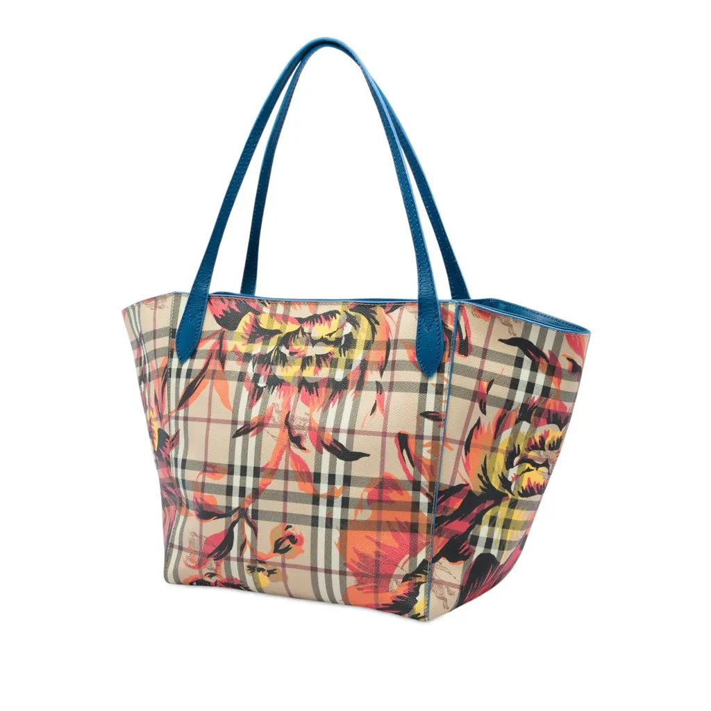Burberry Small Haymarket Check Coated Canvas Floral Print Canterbury Tote Beige Very good - Back View