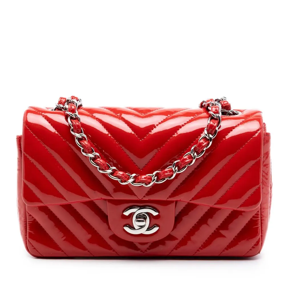 Chanel Mini Rectangular Classic Chevron Patent Single Flap Red Leather Very good - Front View