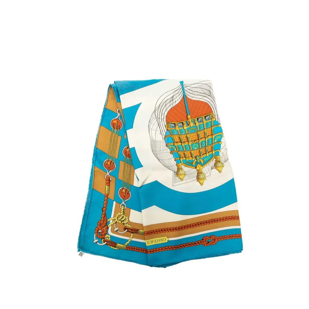 Hermès Chateaux D Arriere Silk Scarf 90 Blue Very good - Front View