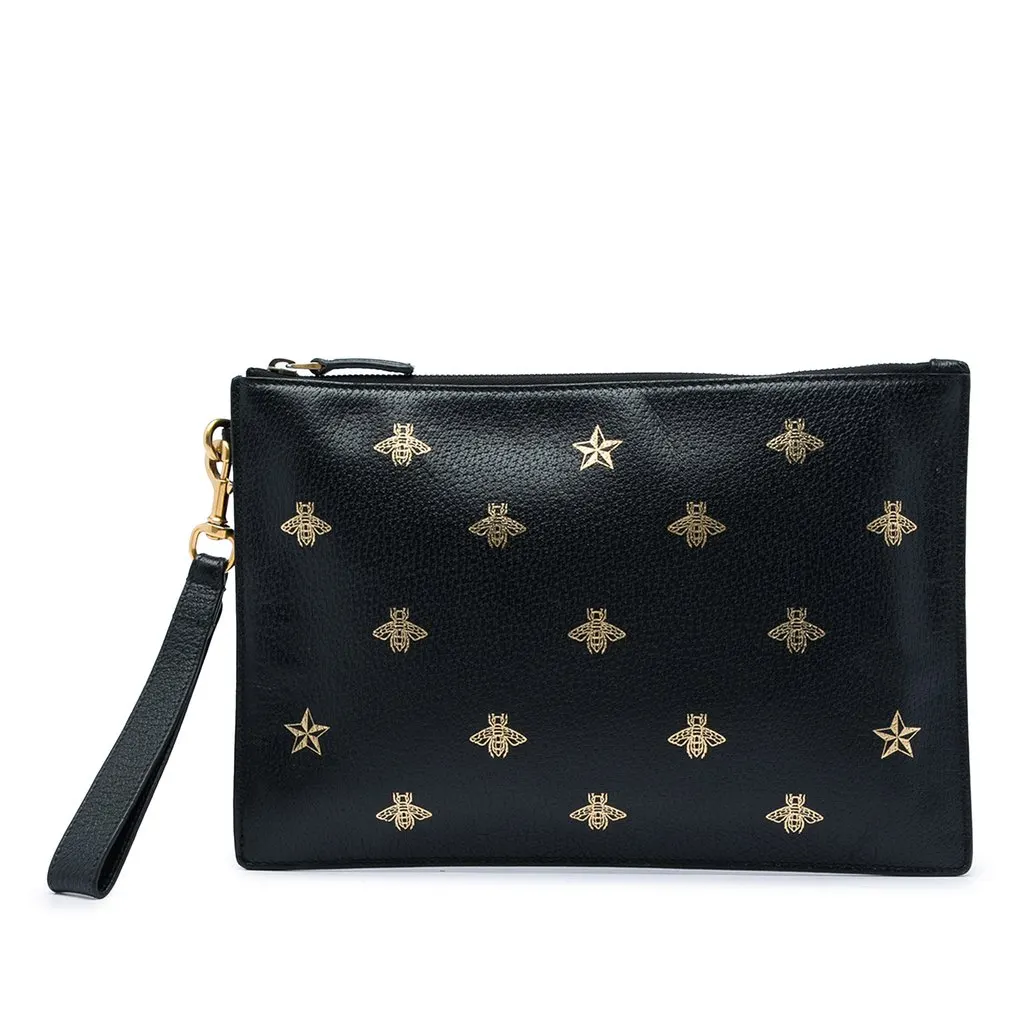 Gucci Calfskin Bee Star Clutch Black Leather Very good - Front View