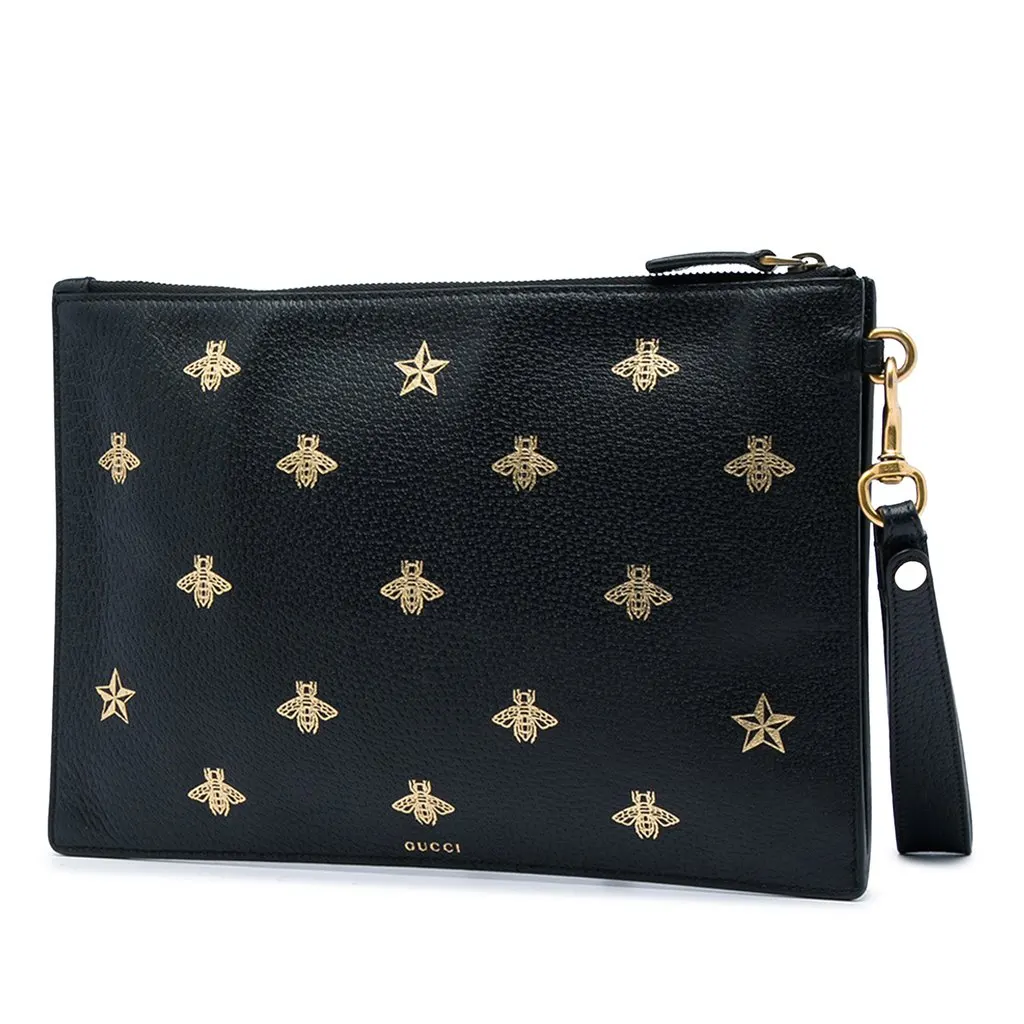 Gucci Calfskin Bee Star Clutch Black Leather Very good - Back View
