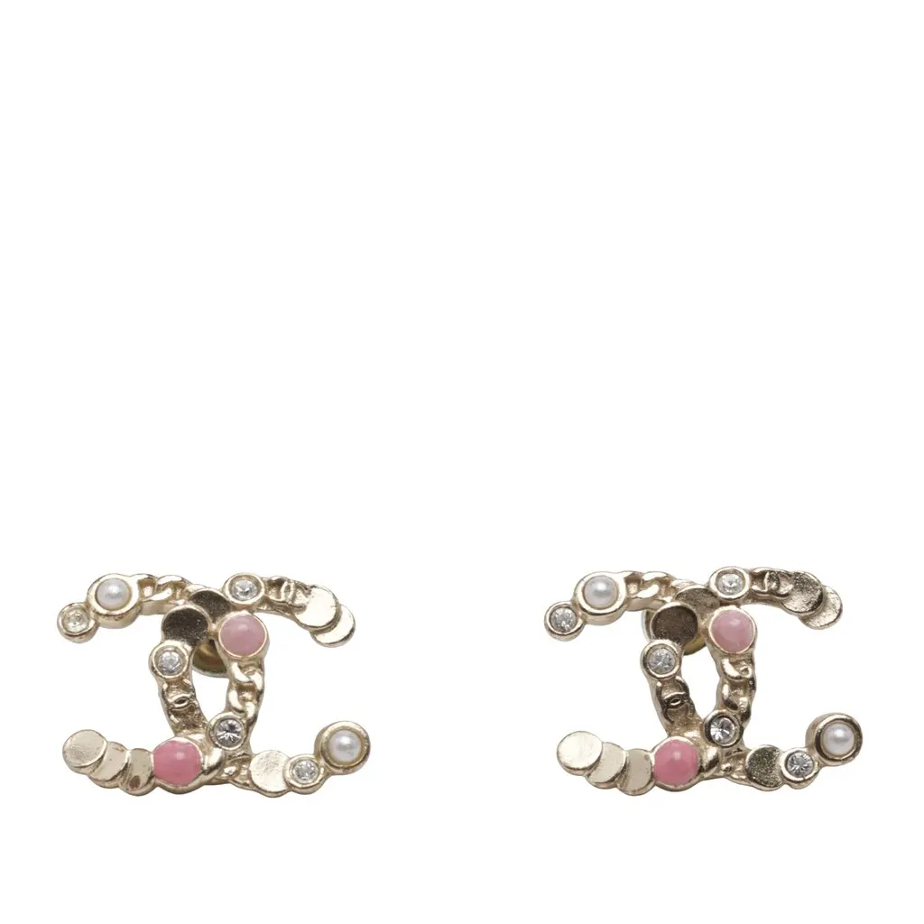 Chanel CC Gold Plated Faux Pearl Strass Bullet Back Earrings Gold Metal Very good - Front View