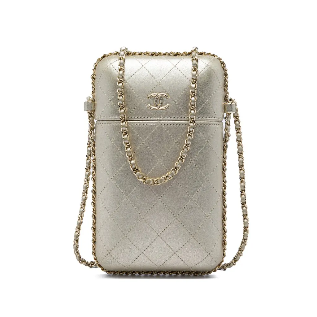 Chanel CC Quilted Metallic Lambskin Chain Around Phone Holder Gold Leather Very good - Front View