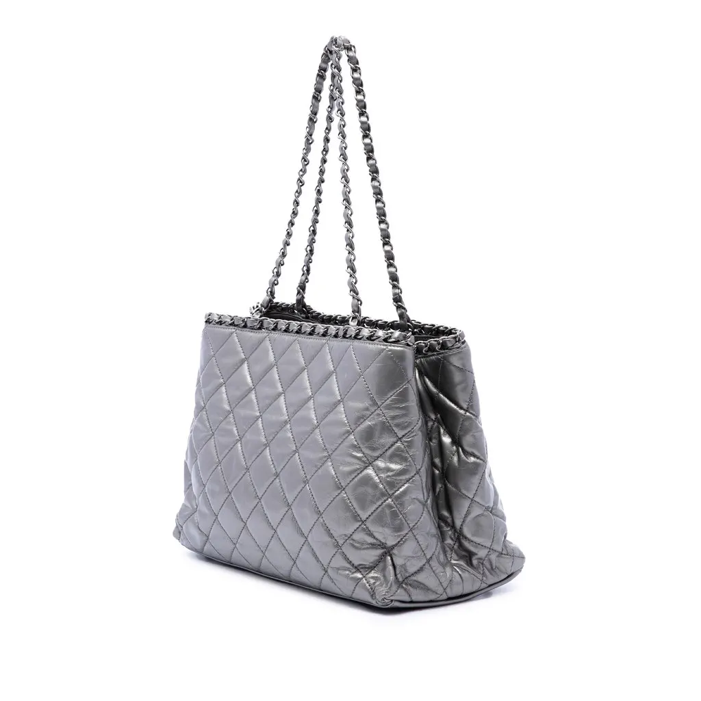 Chanel Small Quilted Metallic Aged Calfskin Chain Me Tote Silver Leather Very good - Back View