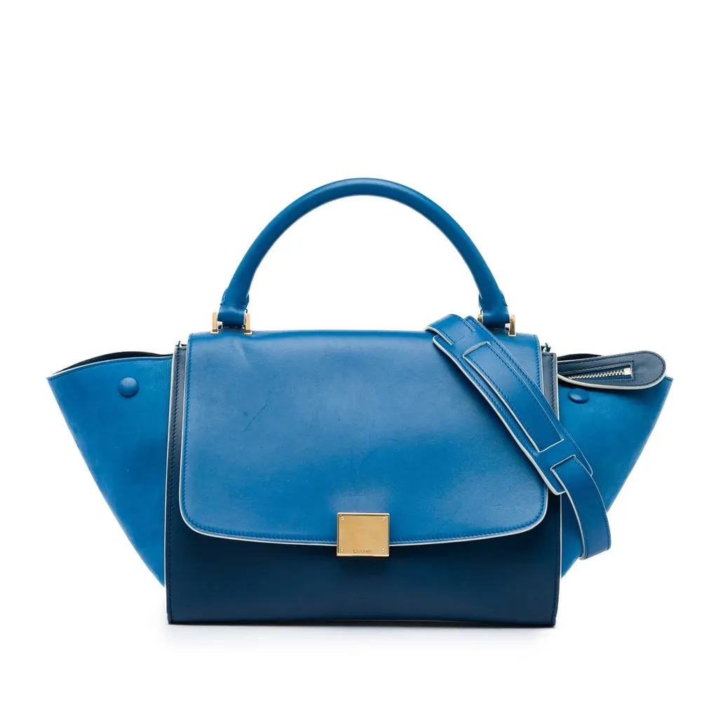 Celine Small Bicolor Calfskin and Nubuck Trapeze Satchel Blue Leather Very good - Front View