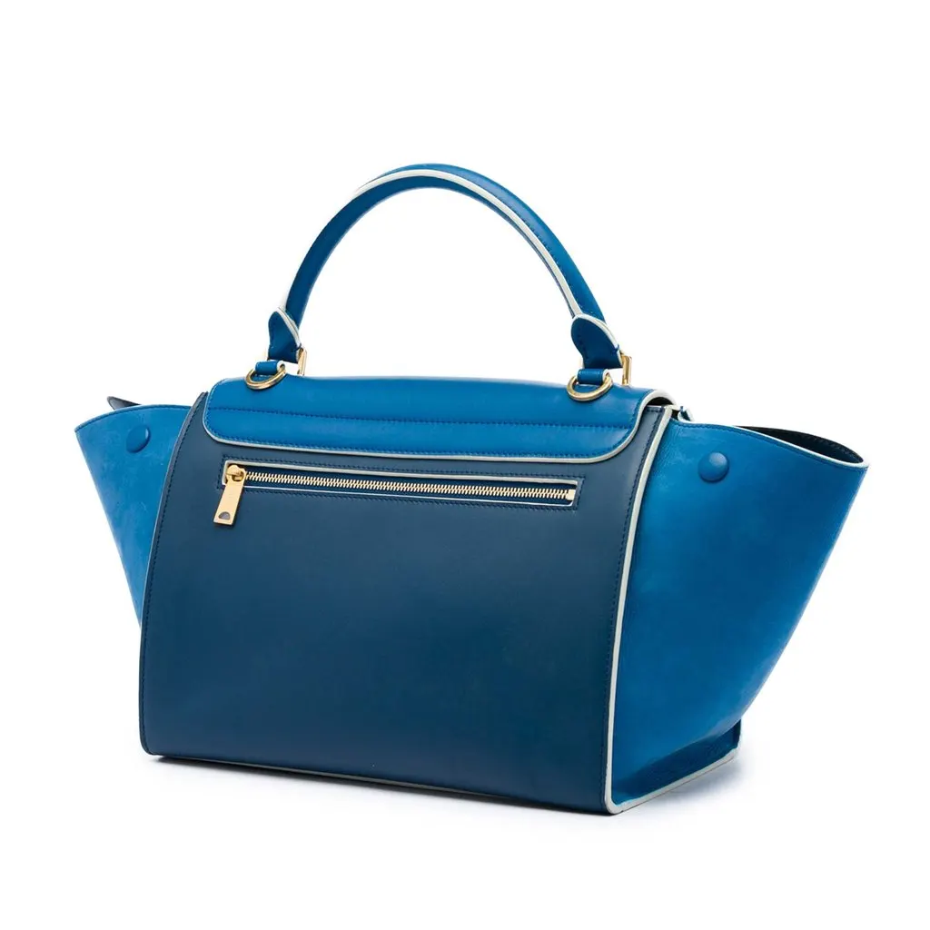 Celine Small Bicolor Calfskin and Nubuck Trapeze Satchel Blue Leather Very good - Back View