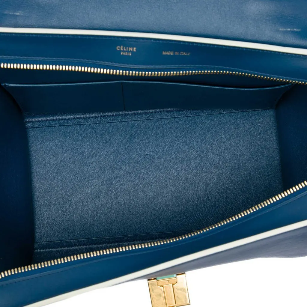 Celine Small Bicolor Calfskin and Nubuck Trapeze Satchel Blue Leather Very good - Model View