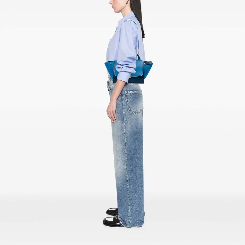 Celine Small Bicolor Calfskin and Nubuck Trapeze Satchel Blu