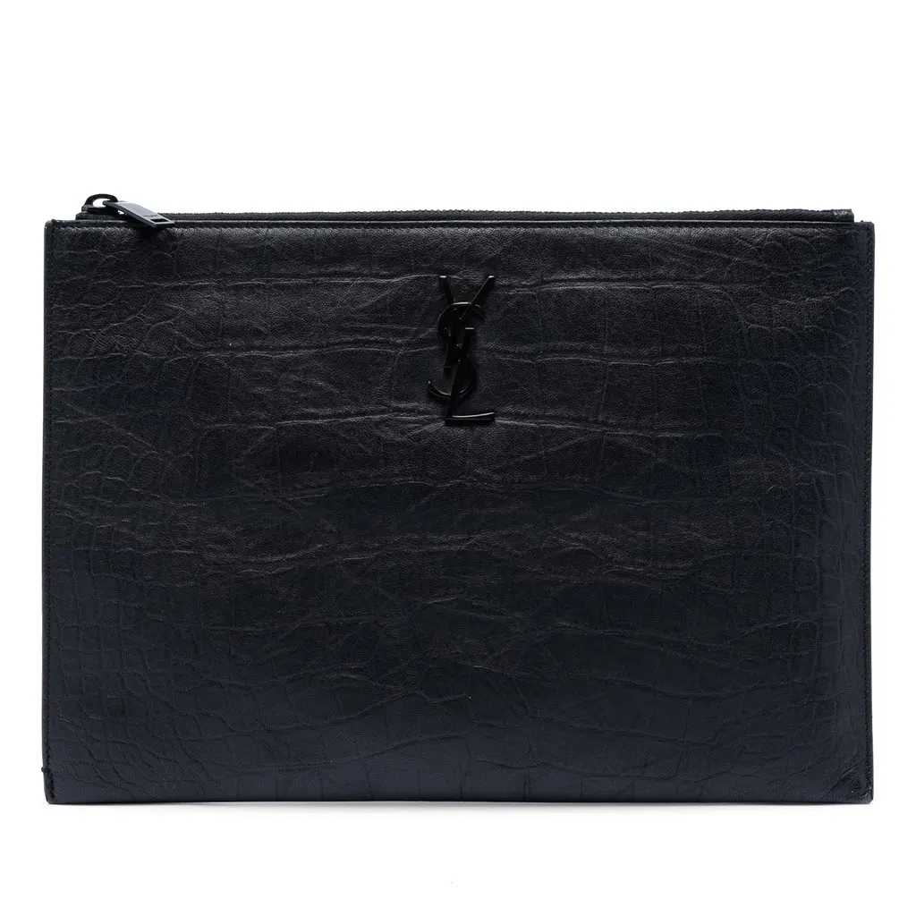 Saint Laurent Croc Embossed Leather Monogram Document Holder Black Leather Very good - Front View