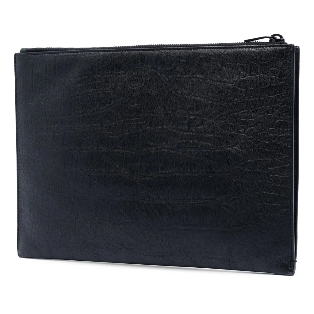 Saint Laurent Croc Embossed Leather Monogram Document Holder Black Leather Very good - Back View