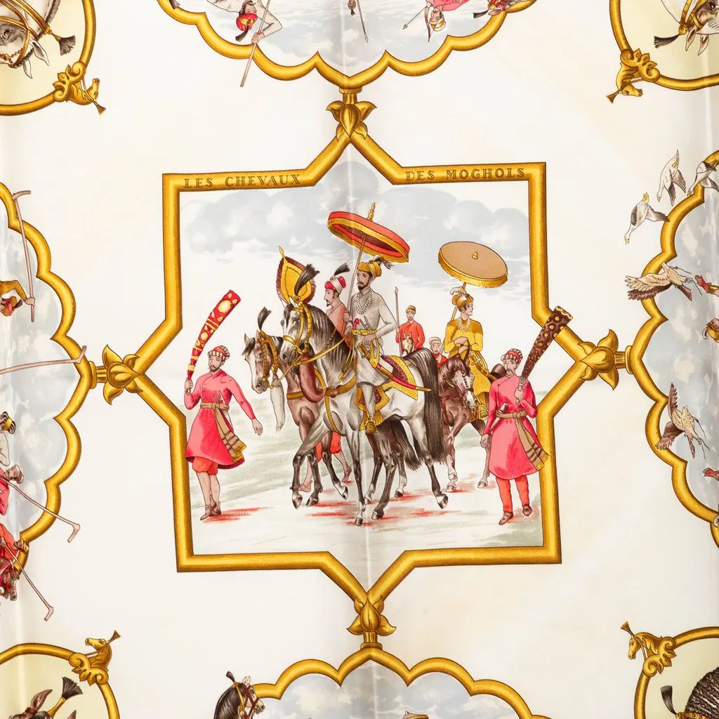 Hermès Les Chevaux des Moghols Silk Scarf 90 White Silk Good - Back View