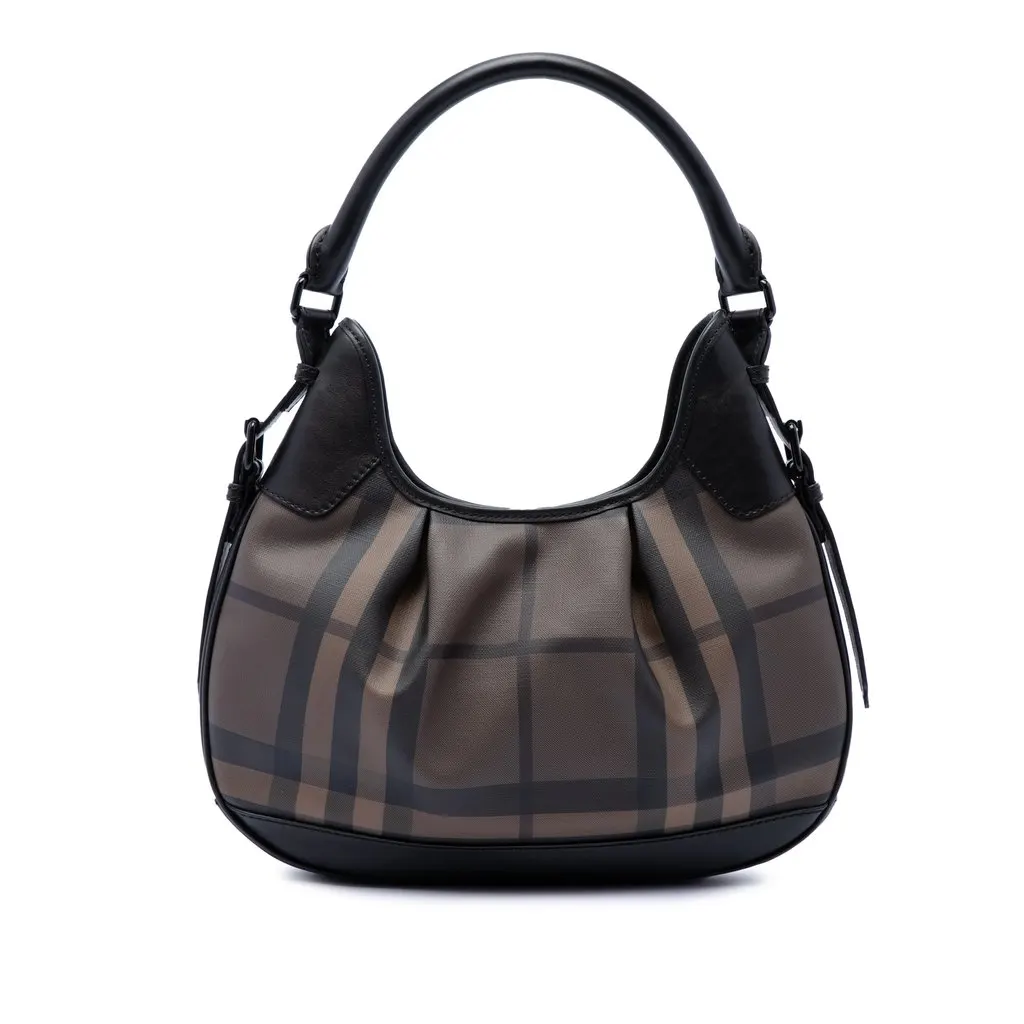 Burberry Smoke Check Coated Canvas Brooklyn Hobo Brown Very good - Front View