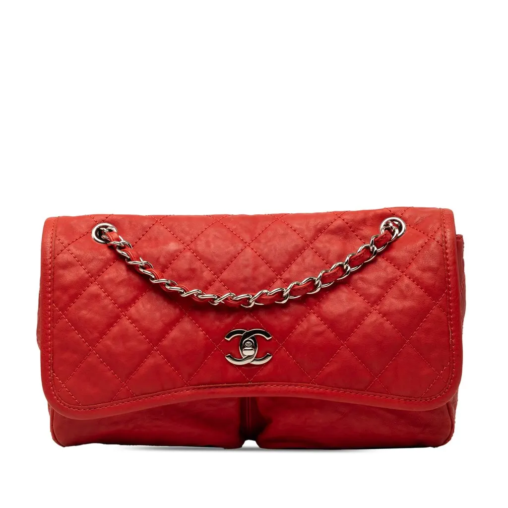Chanel Medium Grained Calfskin Natural Beauty Flap Red Leather Very good - Front View