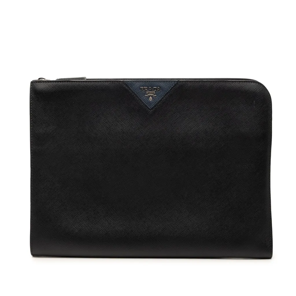 Prada Saffiano Zip Around Portfolio Black Leather Very good - Front View
