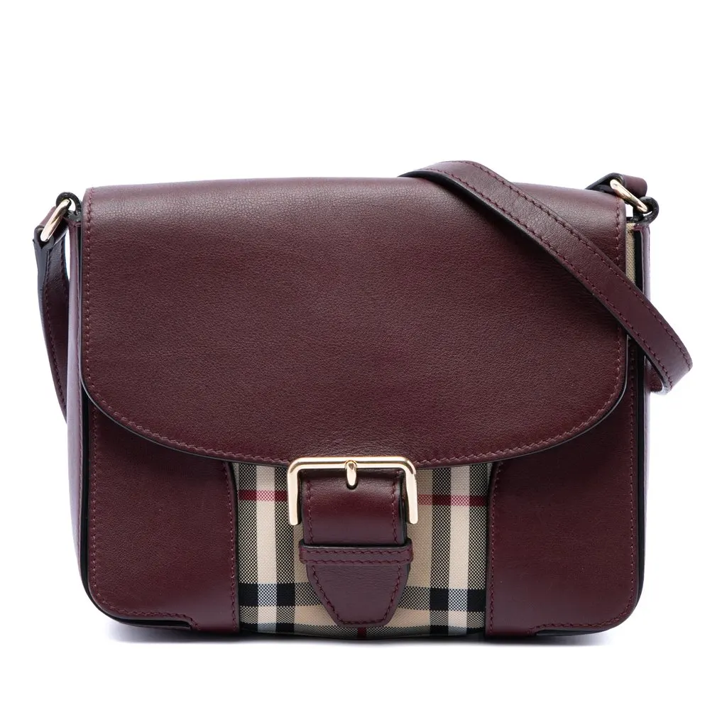 Burberry Small Haymarket Check Nylon and Leather Dickens Crossbody Red Leather Very good - Front View