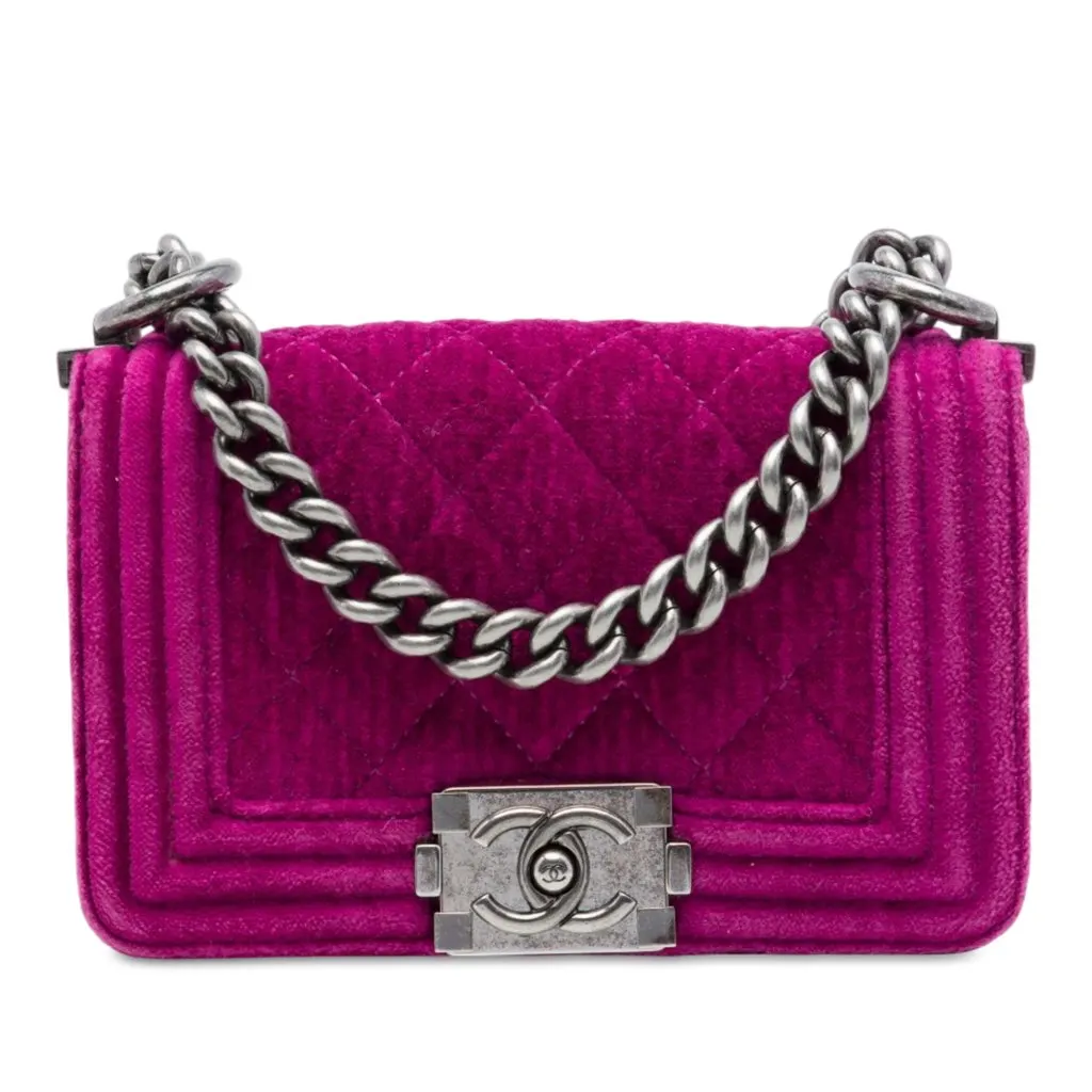 Chanel Mini Quilted Velvet Boy Flap Pink Very good - Front View