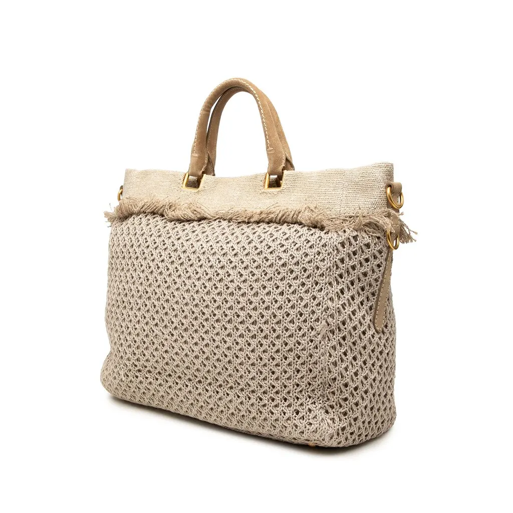 Prada Raffia Crochet and Linen Fringe Shopping Tote Beige Rattan Good - Back View