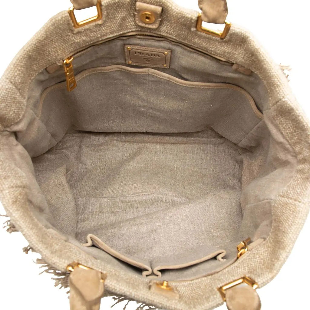Prada Raffia Crochet and Linen Fringe Shopping Tote Beige Rattan Good - Model View