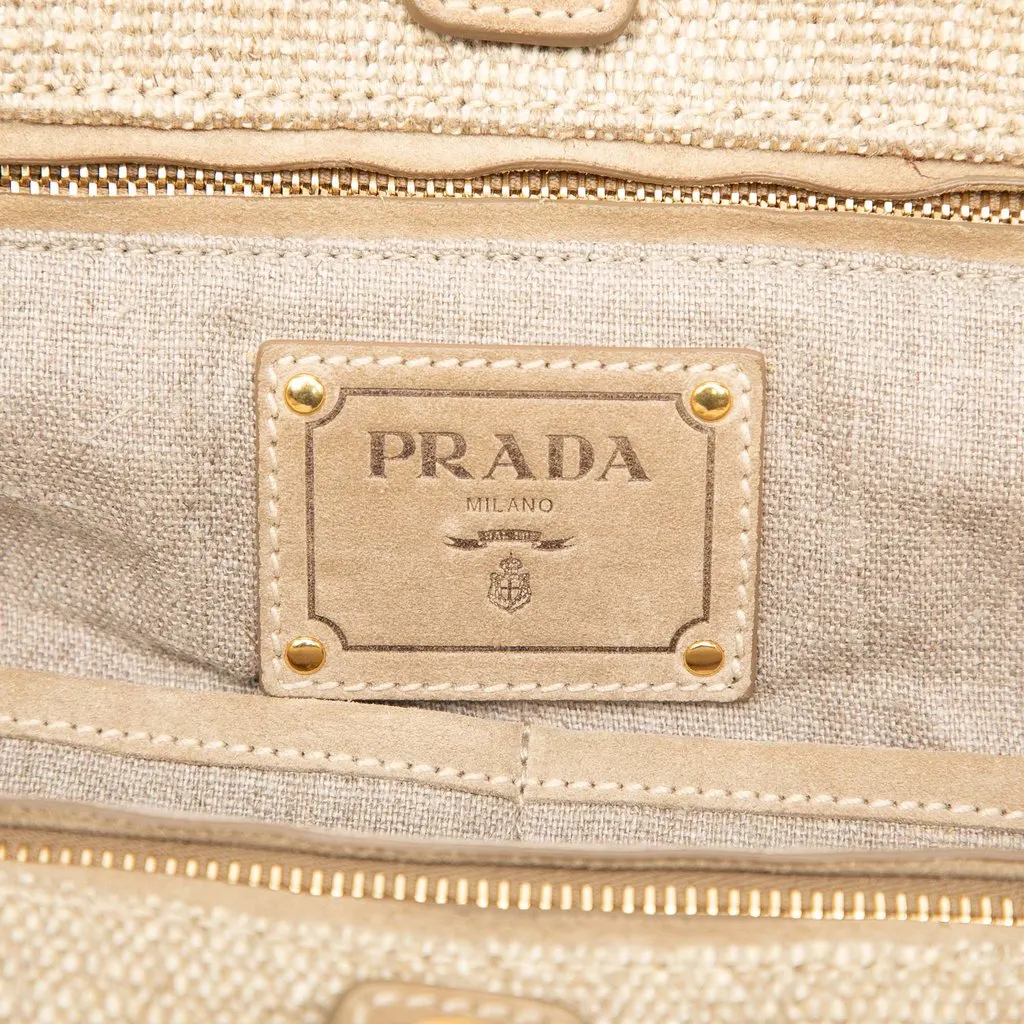 Prada Raffia Crochet and Linen Fringe Shopping Tote Beige Rattan Good - Box View