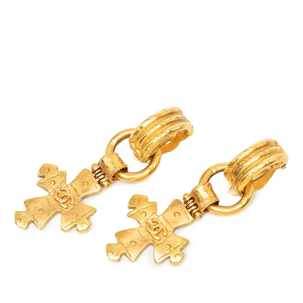 Chanel CC Gold Plated Cross Drop Clip On Earrings Gold Metal Very good - Front View