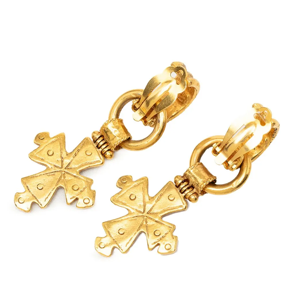 Chanel CC Gold Plated Cross Drop Clip On Earrings Gold Metal Very good - Back View
