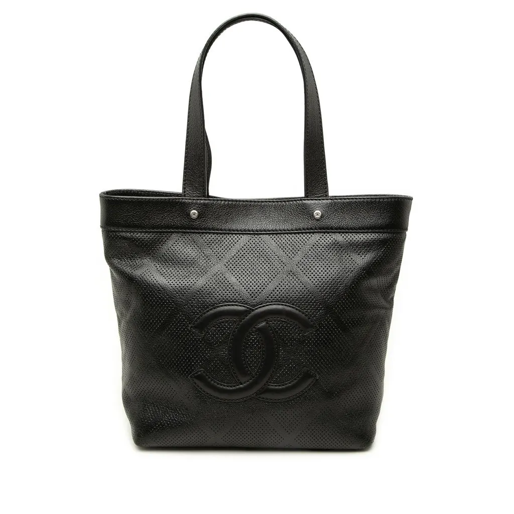 Chanel CC Perforated Lambskin Tote Black Leather Good - Front View