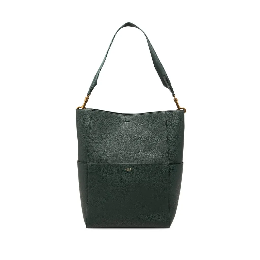 Celine Medium Soft Grained Calfskin Seau Sangle Bucket Bag Green Leather Good - Front View