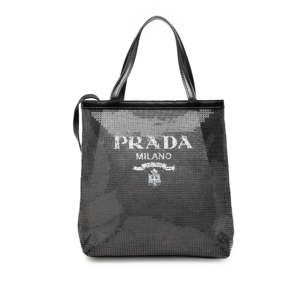 Prada Small Sequined Mesh Logo Open Tote Black Very good - Front View