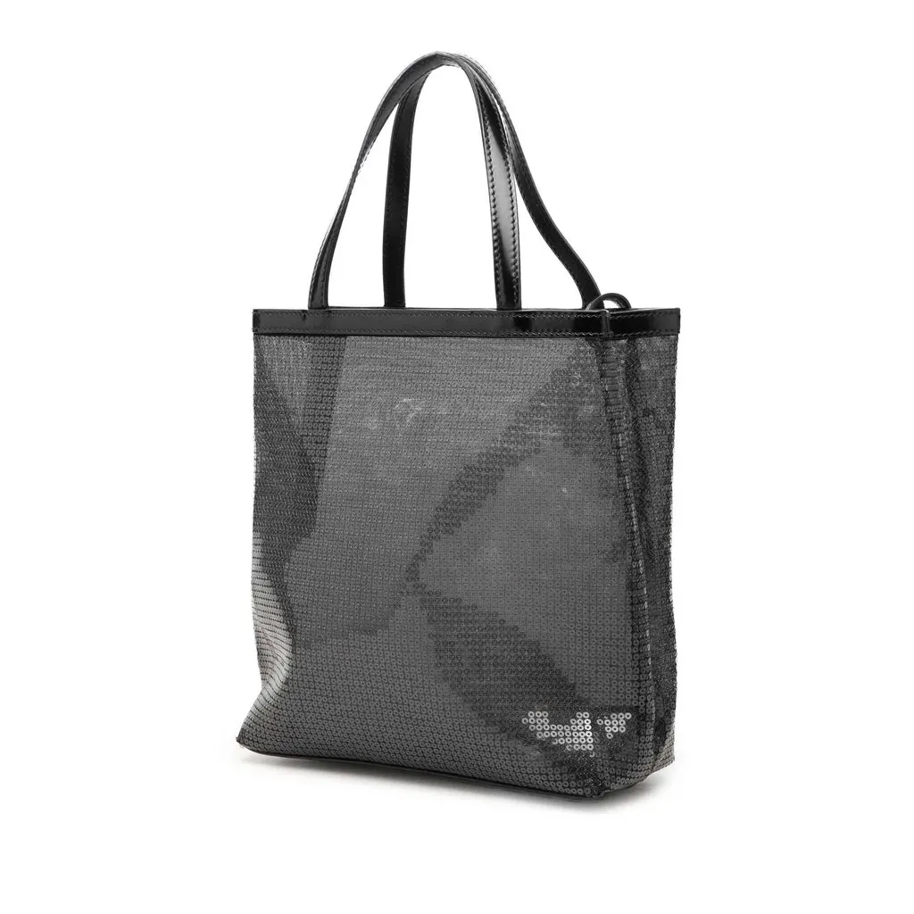 Prada Small Sequined Mesh Logo Open Tote Black Very good - Back View