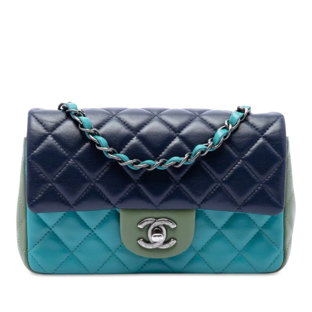Chanel Mini Rectangular Classic Tricolor Lambskin Single Flap Blue Leather Very good - Front View