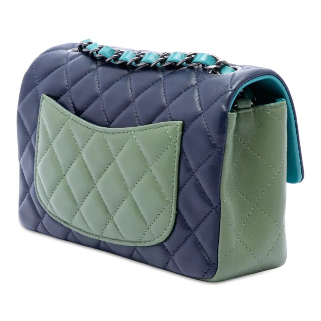 Chanel Mini Rectangular Classic Tricolor Lambskin Single Flap Blue Leather Very good - Back View