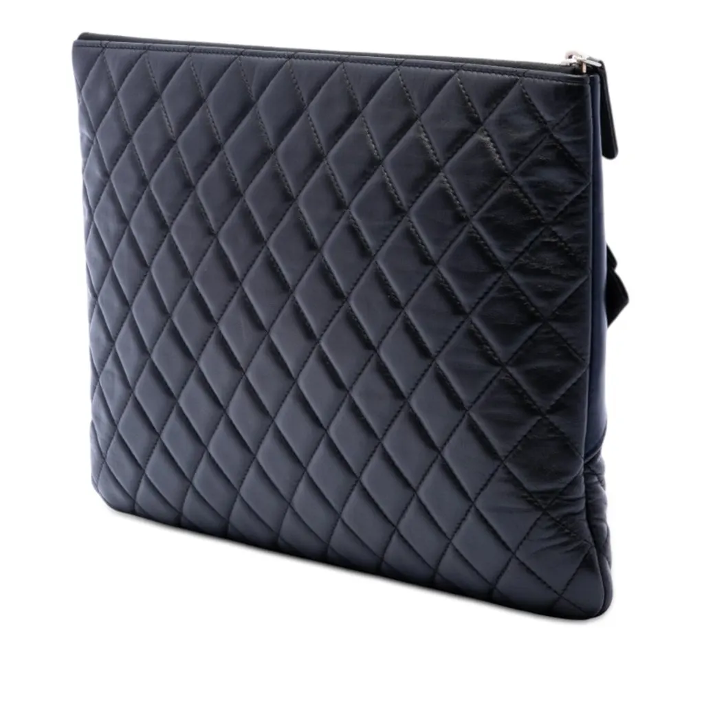 Chanel Large Quilted Lambskin Camellia O Case Clutch Black Leather Very good - Back View