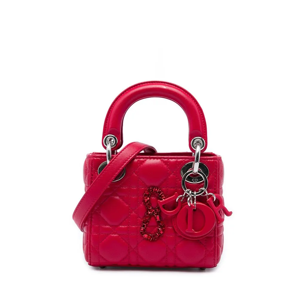 Dior Mini Lambskin Cannage 8 Crystal Lady Dior Red Leather Very good - Front View