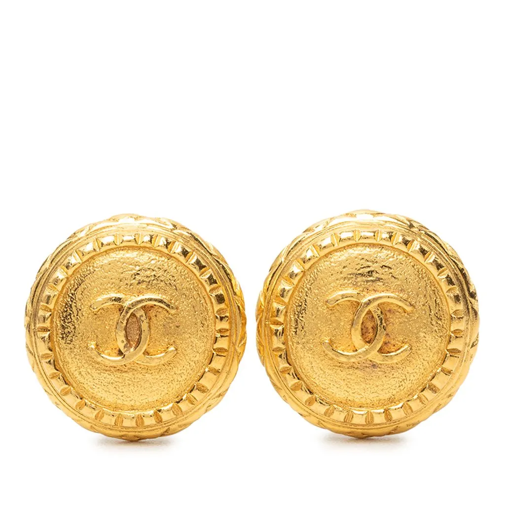 Chanel CC Gold Plated Button Clip On Earrings Gold Brass Very good - Front View