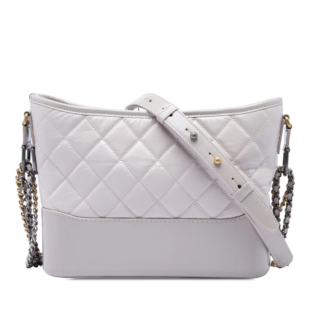 Chanel Small Quilted Aged Calfskin Gabrielle Hobo Grey Leather Good - Front View
