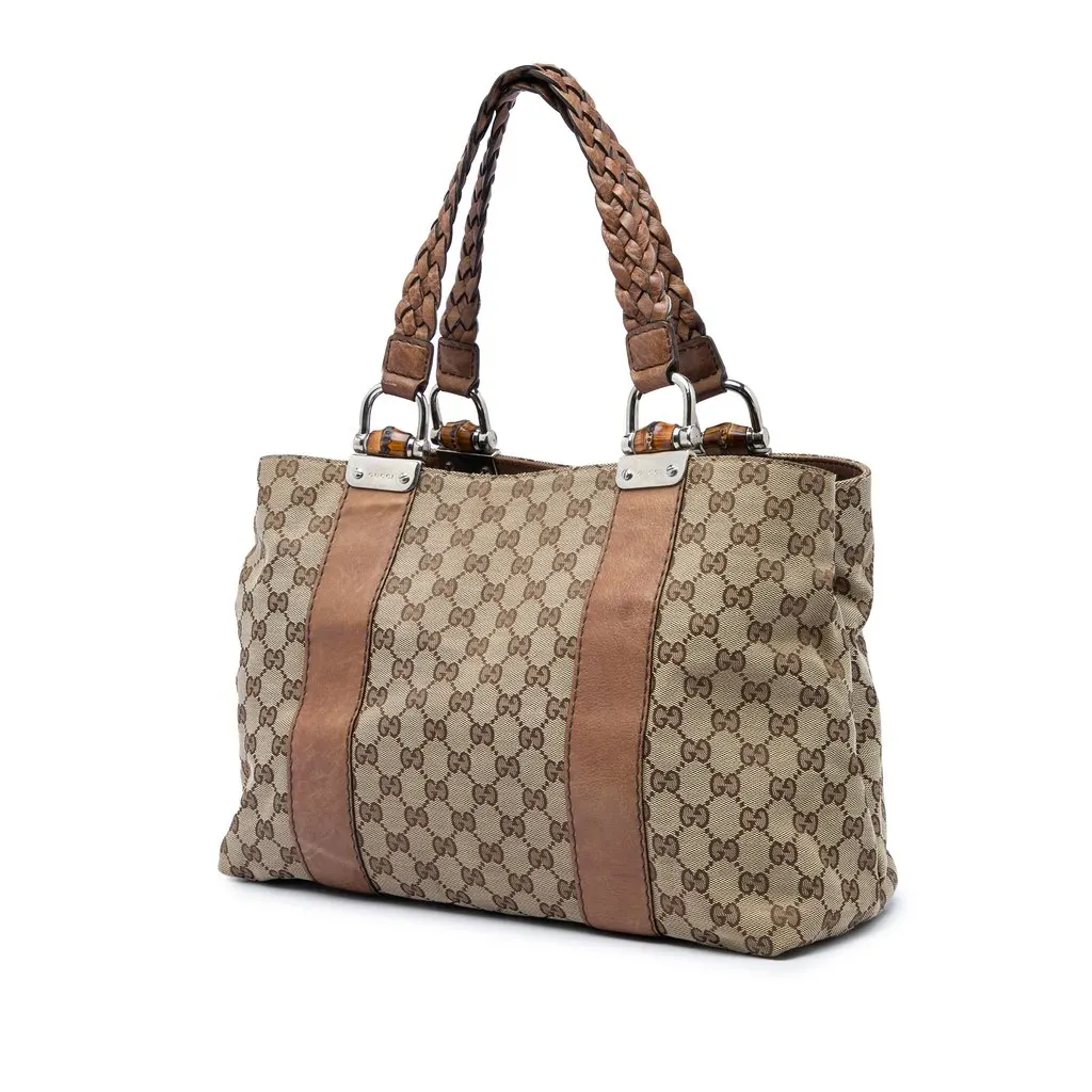 Gucci Medium GG Canvas Bamboo Libeccio Tote Beige Canvas Good - Back View