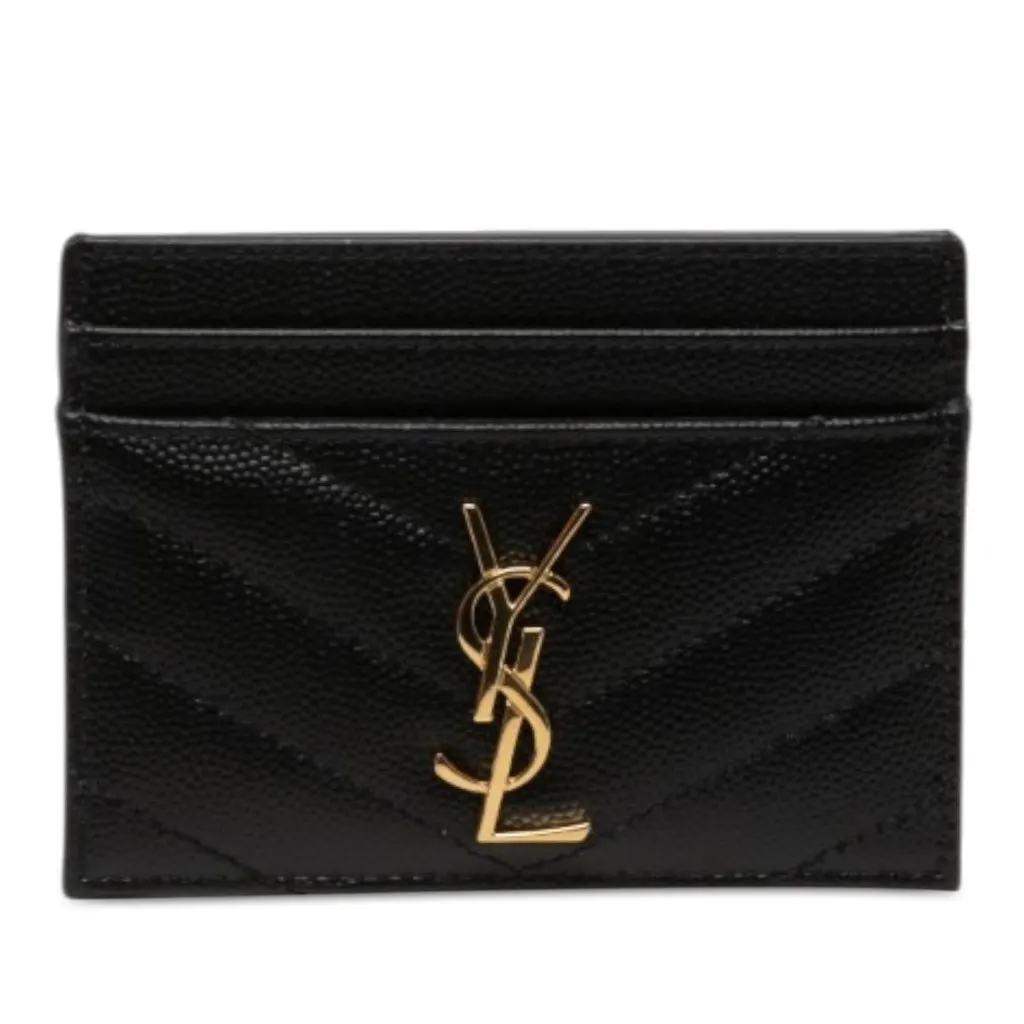 Saint Laurent Chevron Grain de Poudre Cassandre Card Holder Black Leather Never worn - Front View