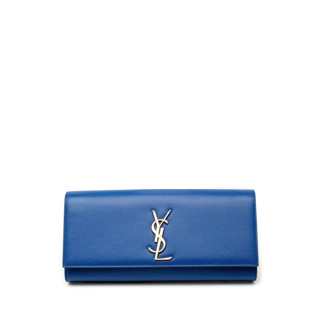 Saint Laurent Grain de Poudre Monogram Cassandre Clutch Blue Leather Very good - Front View