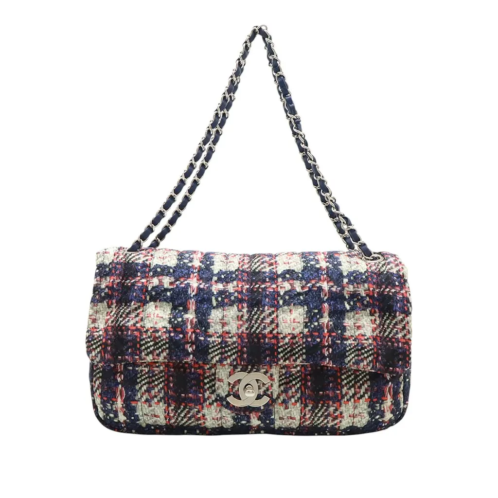 Chanel CC Tweed Print Nylon Single Flap Blue Very good - Front View