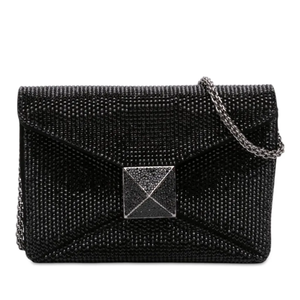 Valentino Small Crystal Embellished Suede One Stud Clutch with Chain Black Leather Very good - Front View