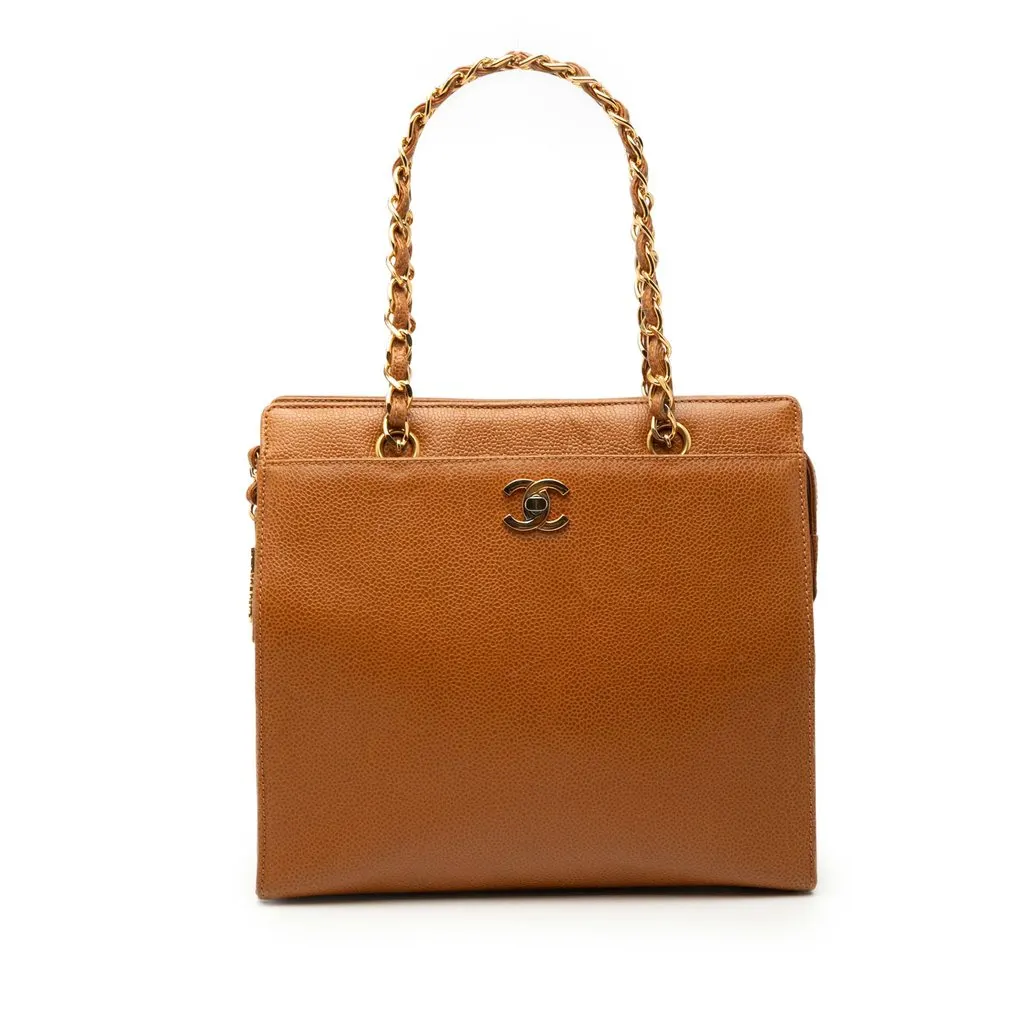 Chanel CC Caviar Chain Turn Lock Tote Brown Leather Very good - Front View