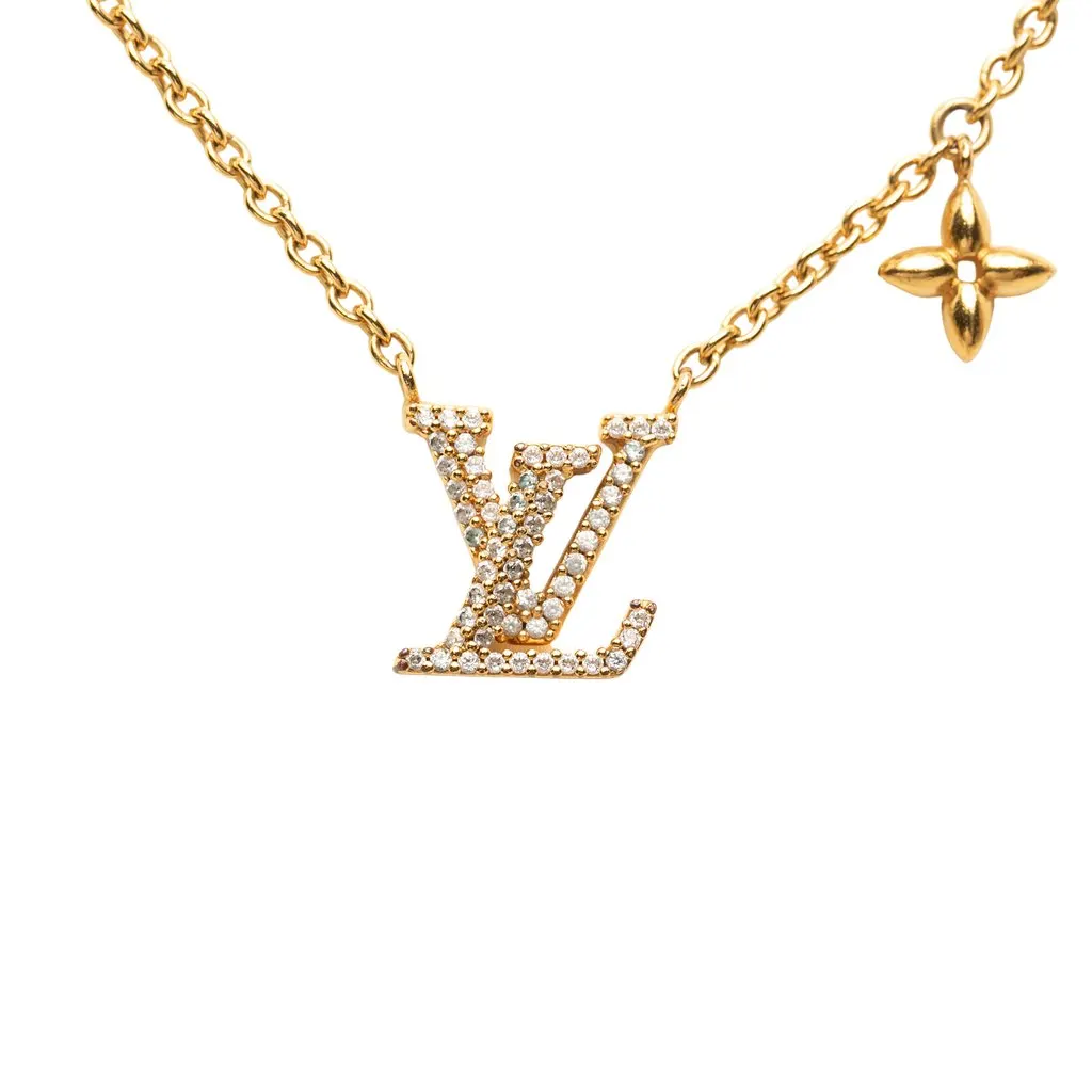 Louis Vuitton Gold Plated Strass LV Iconic Pendant Necklace Gold Metal Very good - Front View