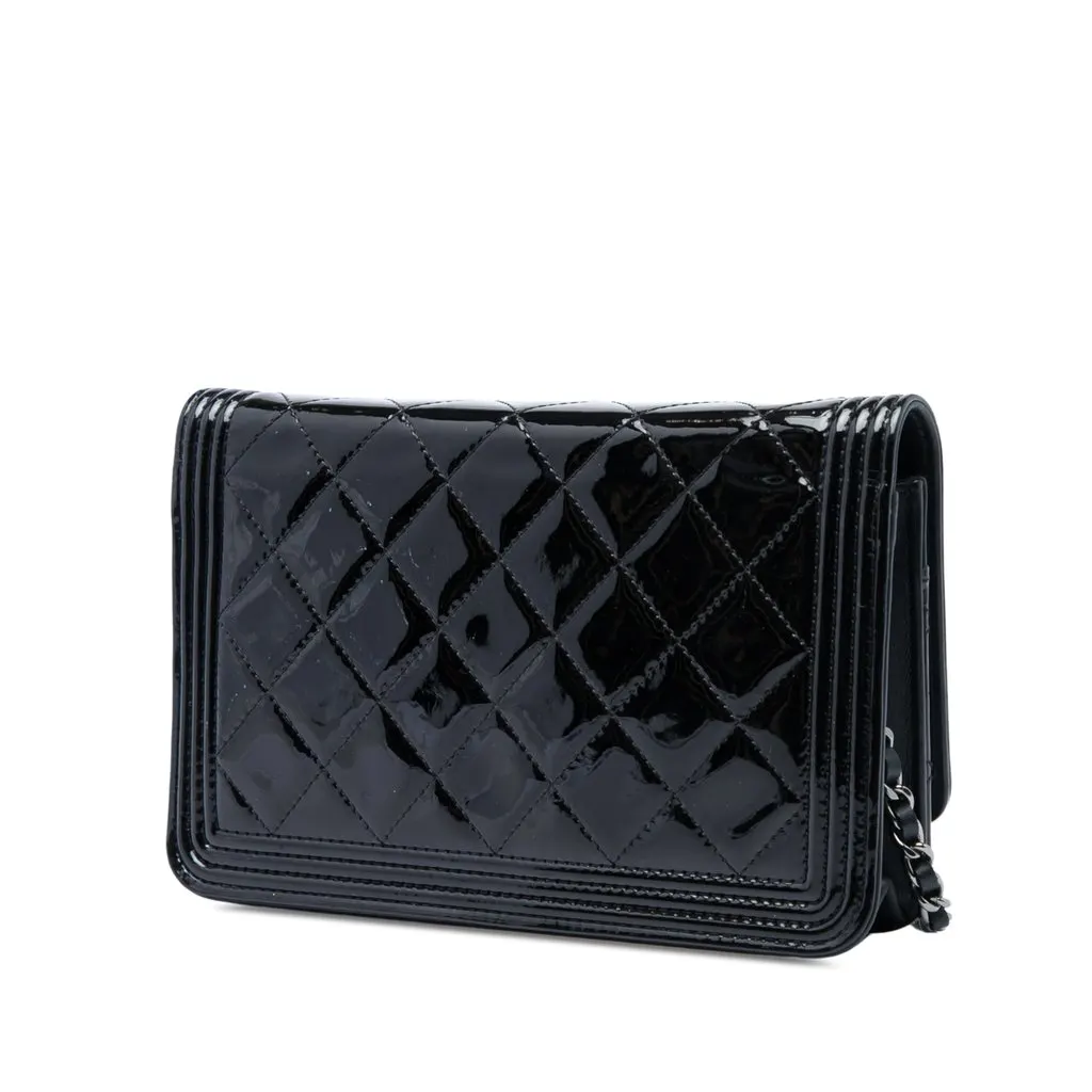 Chanel Quilted Patent Boy Wallet on Chain Black Leather Good - Back View