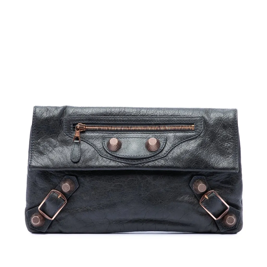 Balenciaga Lambskin Motocross Giant 21 Envelope Clutch Blue Leather Very good - Front View